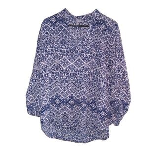 Charlotte Russe Size XL Boho Top Navy White Peasant Blouse Roll Tab Sleeve